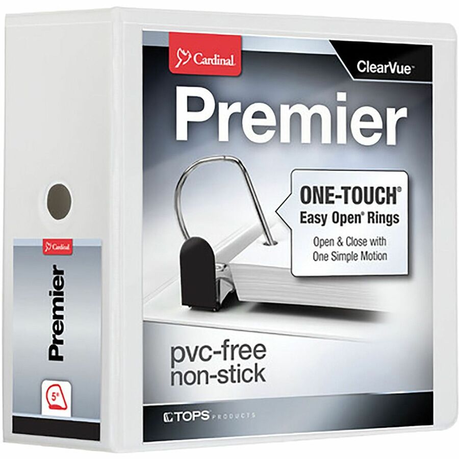 Cardinal EasyOpen Clearvue Slant D-Ring Binders - 5" Binder Capacity - Letter - 8 1/2" x 11" Sheet Size - 925 Sheet Capacity - 4 3/8" Spine Width - 3 x D-Ring Fastener(s) - 2 Inside Front & Back Pocket(s) - Vinyl - White - 2.58 lb - Clear Overlay, Locking Mechanism, One Touch Ring, Sheet Lifter, Heavy Duty, Finger Hole - 1 Each