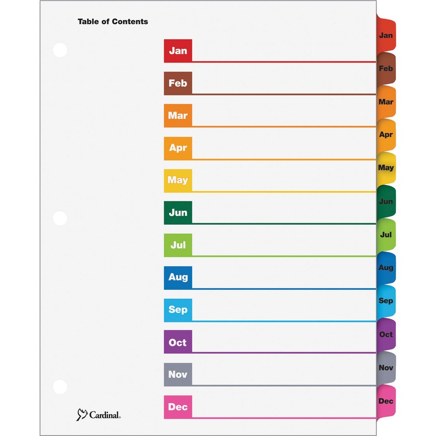 Cardinal OneStep Monthly Index System - 12 x Divider(s) - Printed Tab(s) - Month - Jan-Dec - 12 Tab(s)/Set - 9" Divider Width x 11" Divider Length - Letter - 8.50" Width x 11" Length - 3 Hole Punched - White Divider - Multicolor Tab(s) - 12 / Set