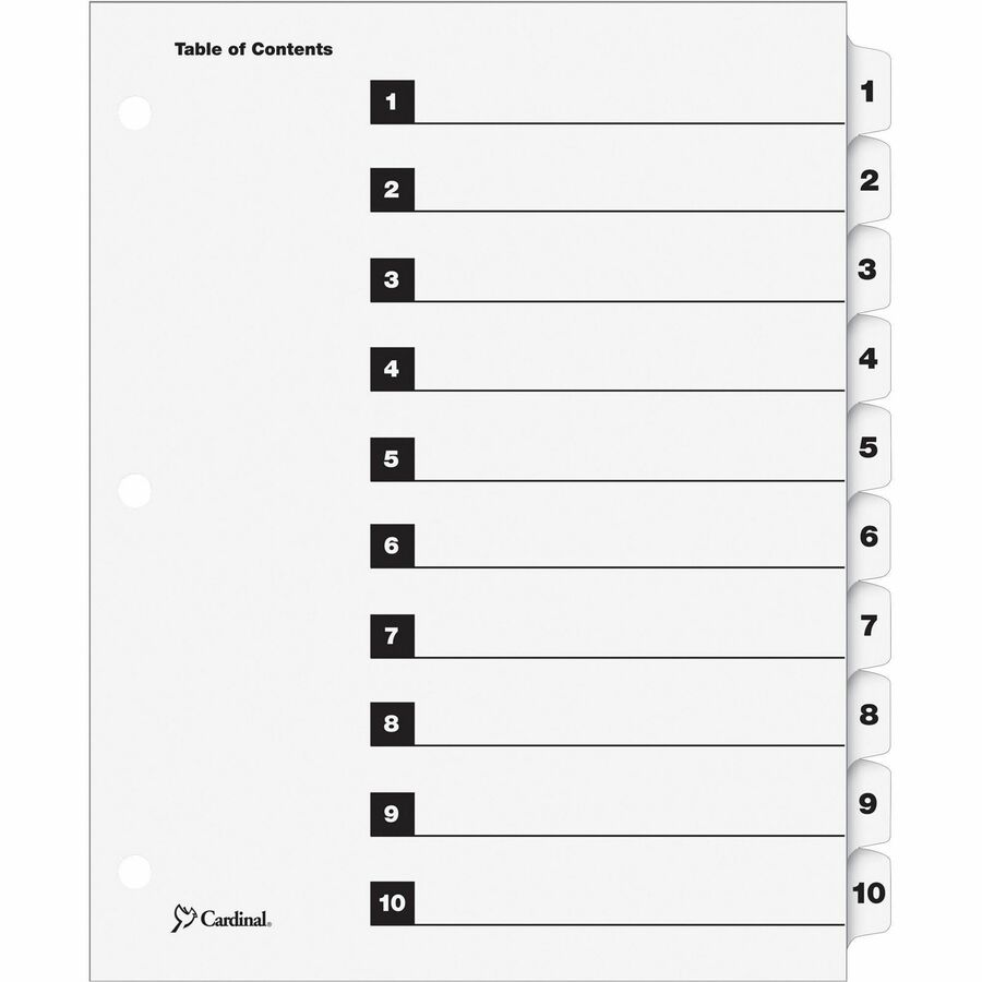 Cardinal OneStep Numbered Index System - 10 x Divider(s) - Printed Tab(s) - Digit - 1-10 - 10 Tab(s)/Set - 9" Divider Width x 11" Divider Length - Letter - 8.50" Width x 11" Length - 3 Hole Punched - White Divider - White Tab(s) - 10 / Set