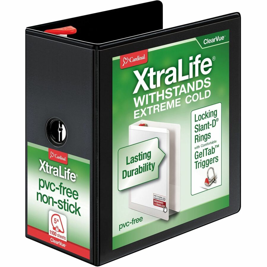 Cardinal Xtralife ClearVue Locking Slant-D Binders - 5" Binder Capacity - Letter - 8 1/2" x 11" Sheet Size - 1100 Sheet Capacity - 4 3/8" Spine Width - 3 x D-Ring Fastener(s) - 2 Inside Front & Back Pocket(s) - Polyolefin - Black - 2.25 lb - Hinged, Non-stick, Sheet Lifter, Locking Ring, Archival-safe, PVC-free, Cold Resistant, Crack Resistant, Clear Overlay - 1 Each