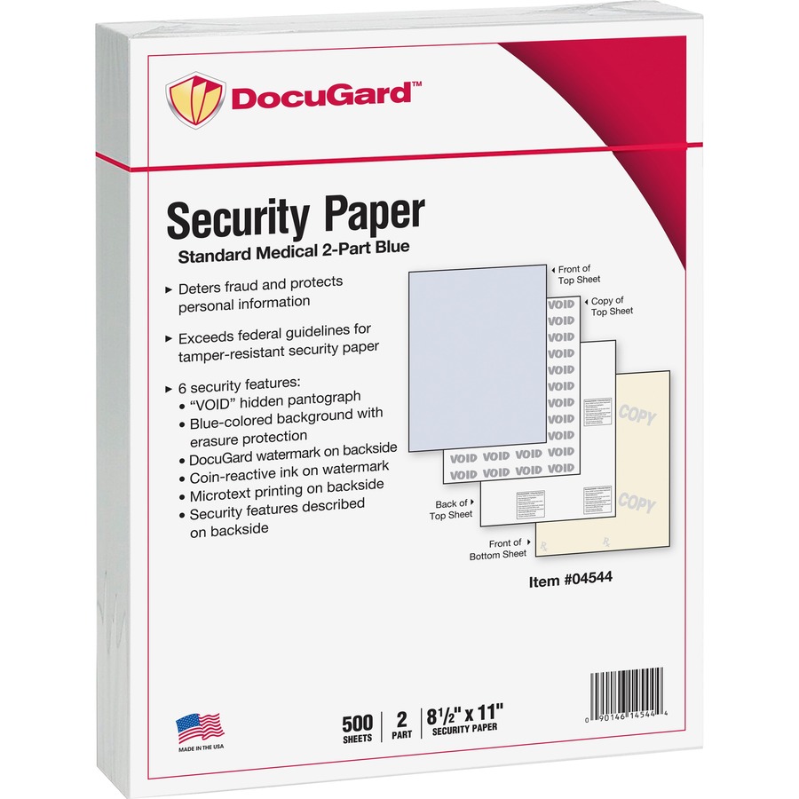DocuGard Standard 2-part Medical Security Paper - Letter - 8 1/2" x 11" - 24 lb Basis Weight - 250 / Pack - Tamper Resistant, Pantograph, Erasure Protection, Watermarked, Security Features Listing, Coin-reactive Ink, Microtext Printing, Carbonless, CMS Approved, 2-part