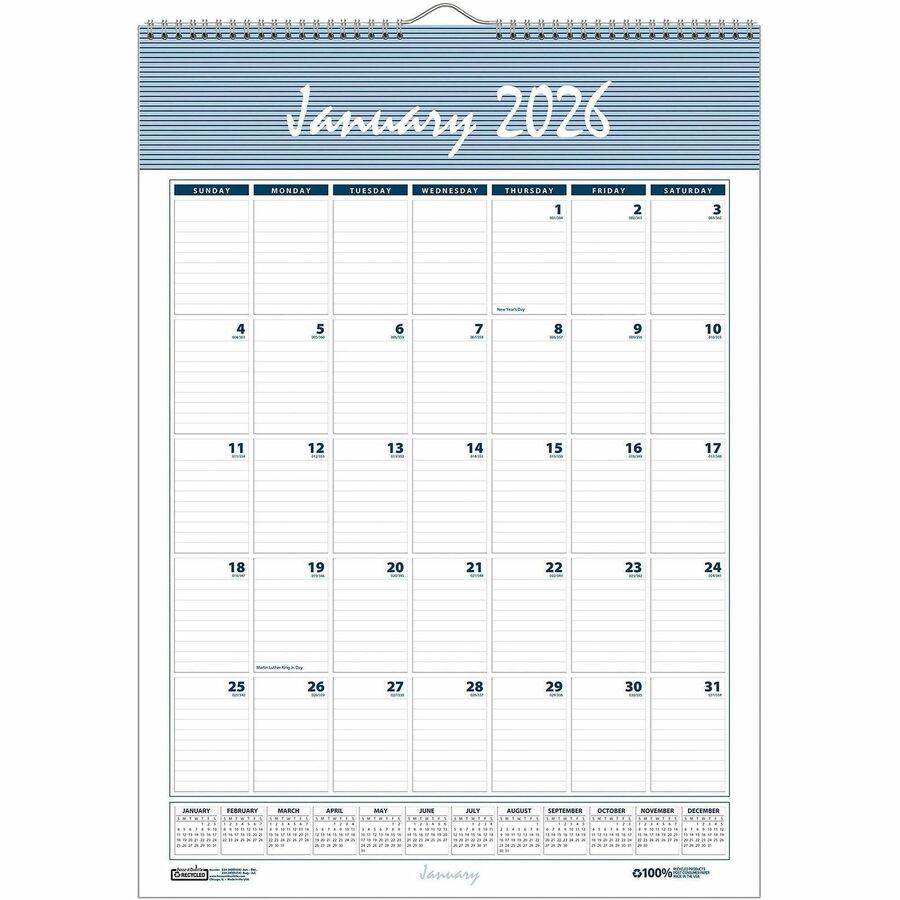 House of Doolittle Bar Harbor 12-Month Wall Calendar - Julian Dates - Monthly - 1 Year - January 2024 - December 2024 - 1 Month Single Page Layout - 22" x 31 1/4" Sheet Size - 2.63" x 4.25" Block - Wire Bound - Blue, Gray - Paper - Reference Calendar, Eyelet - 1 Each