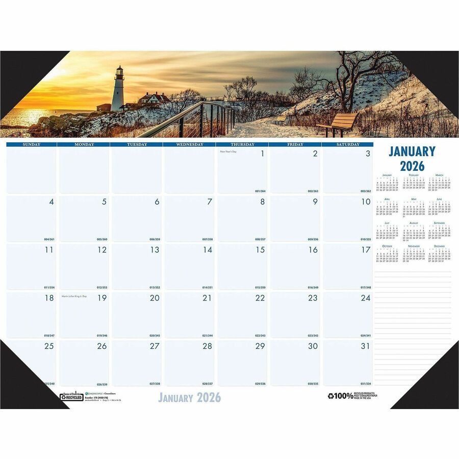 House of Doolittle EarthScapes Coastlines Desk Pad - Julian Dates - Monthly - 1 Year - January 2024 - December 2024 - 1 Month Single Page Layout - 22" x 17" Sheet Size - 2.38" x 2.13" Block - Desk Pad - White - Leatherette, Paper, Chipboard - Holder, Notepad, Reference Calendar, Reinforced - 1 Each