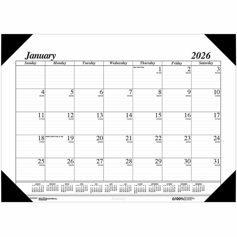 House of Doolittle Economy Refillable Desk Pad - Julian Dates - Monthly - 12 Month - January 2024 - December 2024 - 1 Month Single Page Layout - 22" x 17" Sheet Size - 2.88" x 2.25" Block - Desk Pad - White, Black - Leatherette - 1 Each