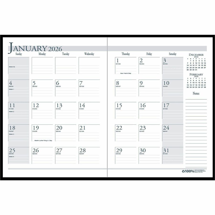 House of Doolittle Economy Stitched Cover Monthly Planner - Monthly - 14 Month - December 2023 - January 2025 - 1 Month Double Page Layout - 8 1/2" x 11" Sheet Size - 1.75" x 1.75" Block - Leatherette, Paper - Black - Notepad, Reference Calendar - 1 Each