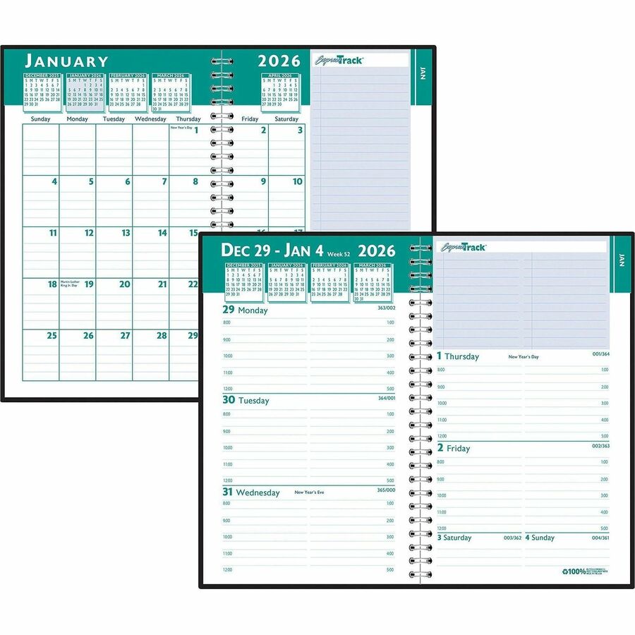 House of Doolittle Express Track Weekly/Monthly Calendar Planner - Julian Dates - Weekly, Monthly - 13 Month - January 2024 - January 2025 - 8:00 AM to 5:00 PM - Hourly - 1 Week, 1 Month Double Page Layout - 8 1/2" x 11" Sheet Size - Wire Bound - Paper, Simulated Leather - Black - Tabbed, Expense Form - 1 Each