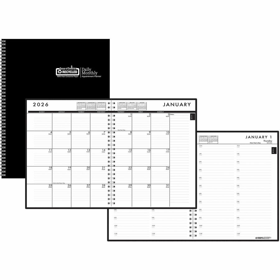 House of Doolittle Recycled Daily/Monthly 24/7 Appointment Planner - Julian Dates - Daily, Monthly - 12 Month - January 2024 - December 2024 - Hourly - 1 Day Single Page Layout 1 Month Double Page Layout - 7" x 10" Sheet Size - Wire Bound - Leather, Paper - Blue - 1 Each