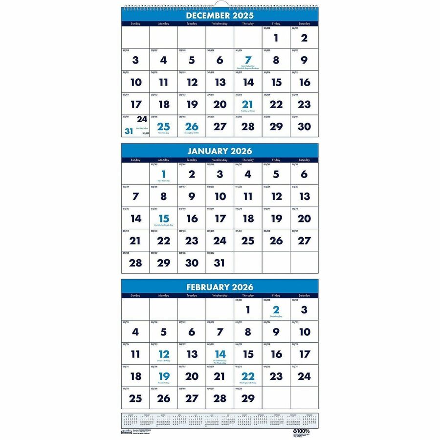 House of Doolittle Three-month Vertical Wall Calendar - Monthly - 14 Month - December 2023 - January 2025 - 3 Month Single Page Layout - 12 1/4" x 27" Sheet Size - Wire Bound - Blue - Paper - 26" Height x 12.3" Width - Eyelet - 1 Each