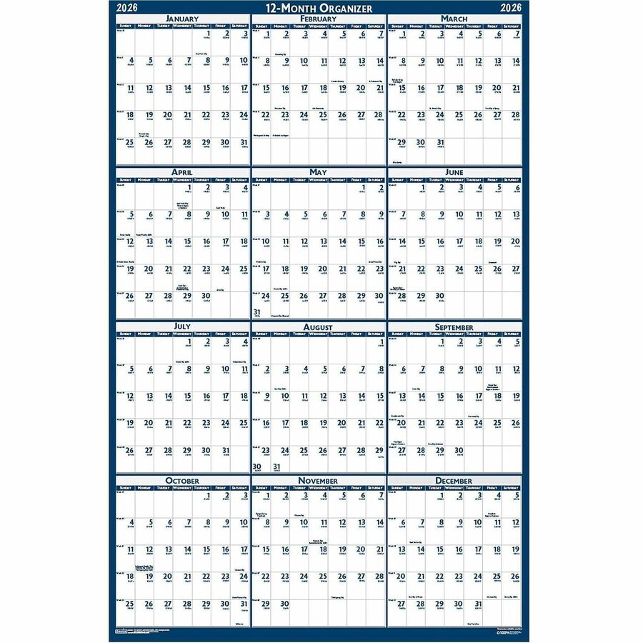 House of Doolittle Write-on Laminated Wall Planner - Professional - Julian Dates - Yearly - 12 Month - January 2024 - December 2024 - 18" x 24" Sheet Size - 0.75" x 1" Block - Blue, Gray - Paper - 18" Height - Laminated, Erasable, Write on/Wipe off, Reminder Section - 1 Each
