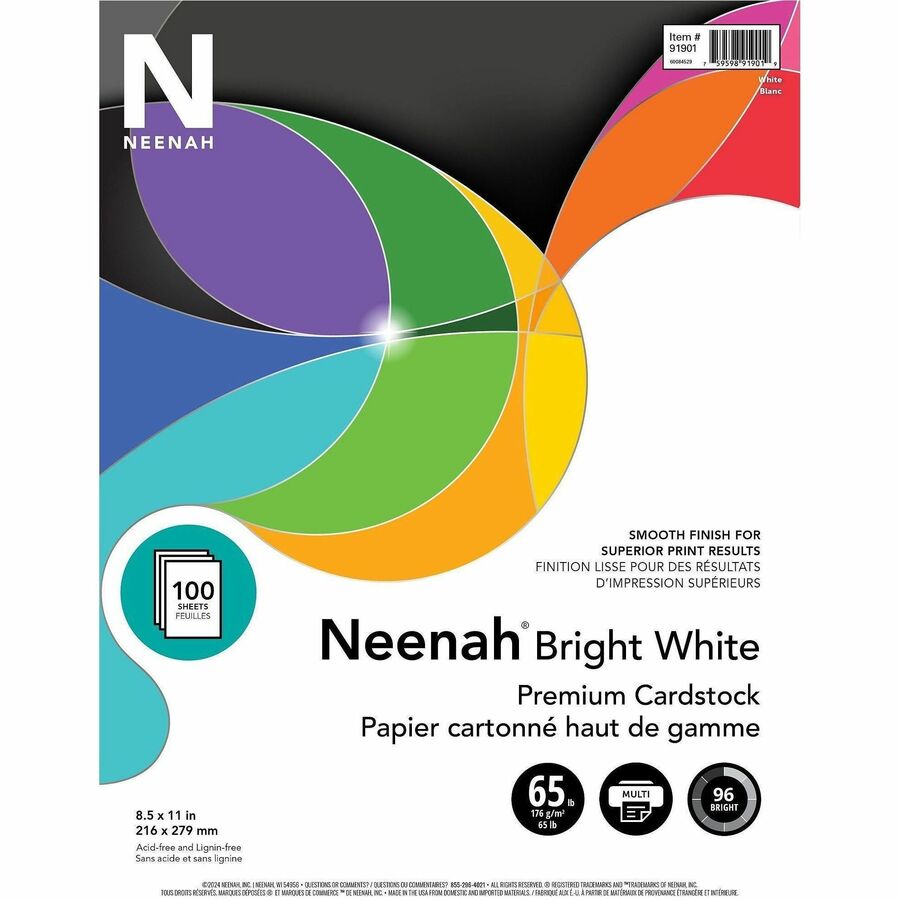 Neenah Bright White Cardstock - Letter - 8 1/2" x 11" - 65 lb Basis Weight - Smooth - 100 / Pack - Acid-free, Lignin-free