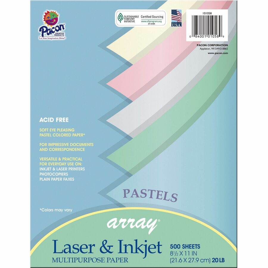 Pacon Pastel Multipurpose Paper - Pastel - Letter - 8 1/2" x 11" - 20 lb Basis Weight - 500 / Ream - SFI