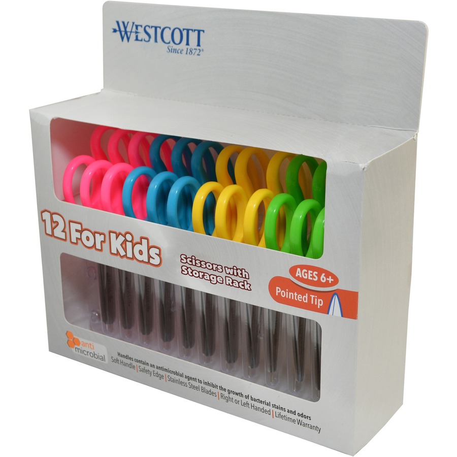 Westcott 5" Pointed Scissors - 5" Overall Length - Straight-left/right - Stainless Steel - Pointed Tip - Assorted - 12 / Pack