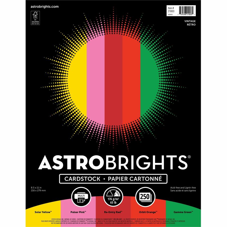 Astrobrights Colored Cardstock - "Vintage" 5-Color Assortment - Letter - 8 1/2" x 11" - 65 lb Basis Weight - 250 / Pack - FSC - Acid-free, Lignin-free
