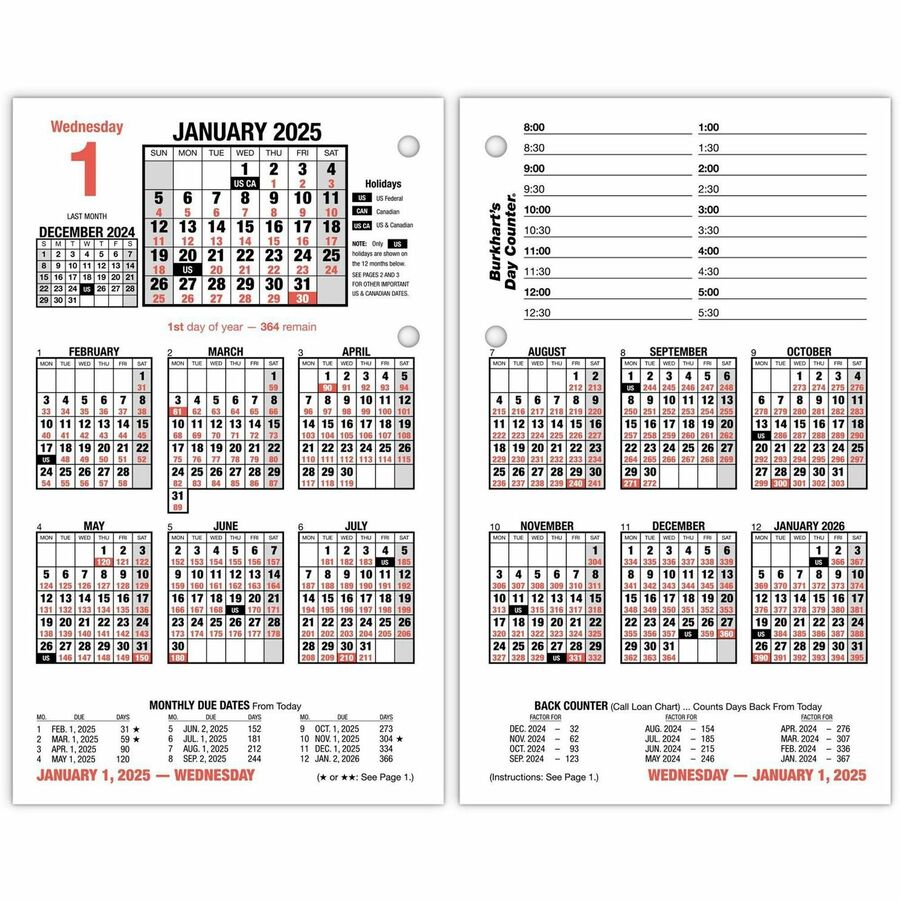 At-A-Glance Burkhart's Day Counter Daily Calendar Refill - Julian Dates - Daily - 12 Month - January 2024 - December 2024 - 8:00 AM to 5:30 PM - Daily - 1 Day Double Page Layout - 4 1/2" x 7 3/8" Sheet Size - Desktop - White, Cream - Paper