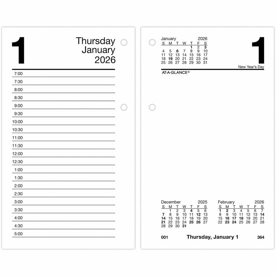 At-A-Glance Daily Desk Calendar Refill - Julian Dates - Daily - 12 Month - January - December - 7:00 AM to 5:00 PM - Daily - 3 1/2" x 6" Sheet Size - White, Black - Paper