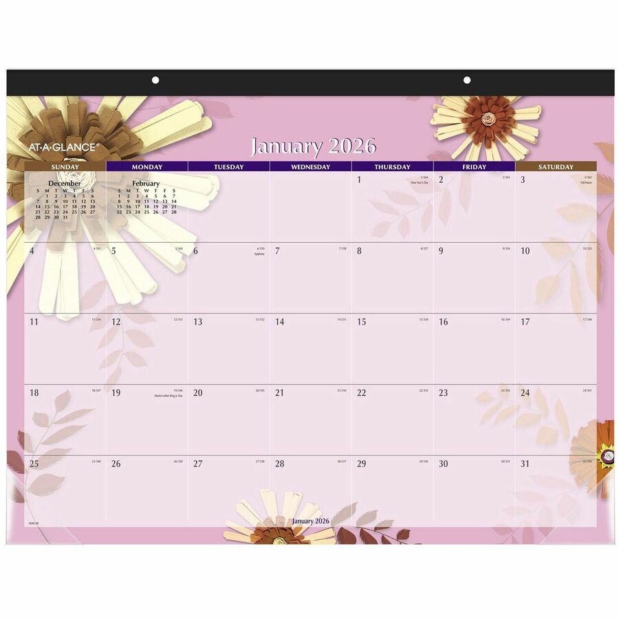 At-A-Glance Paper Flowers Monthly Desk Pad - Julian Dates - Monthly - 1 Year - January 2024 - December 2024 - 1 Month Single Page Layout - 22" x 17" Sheet Size - 2.81" x 2.50" Block - Headband - Desk Pad - Multi - Poly, Paper - 1 Each