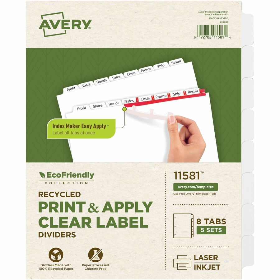 Avery® Index Maker Index Divider - 40 x Divider(s) - Print-on Tab(s) - 8 - 8 Tab(s)/Set - 8.5" Divider Width x 11" Divider Length - 3 Hole Punched - White Paper Divider - White Paper Tab(s) - 40 / Pack