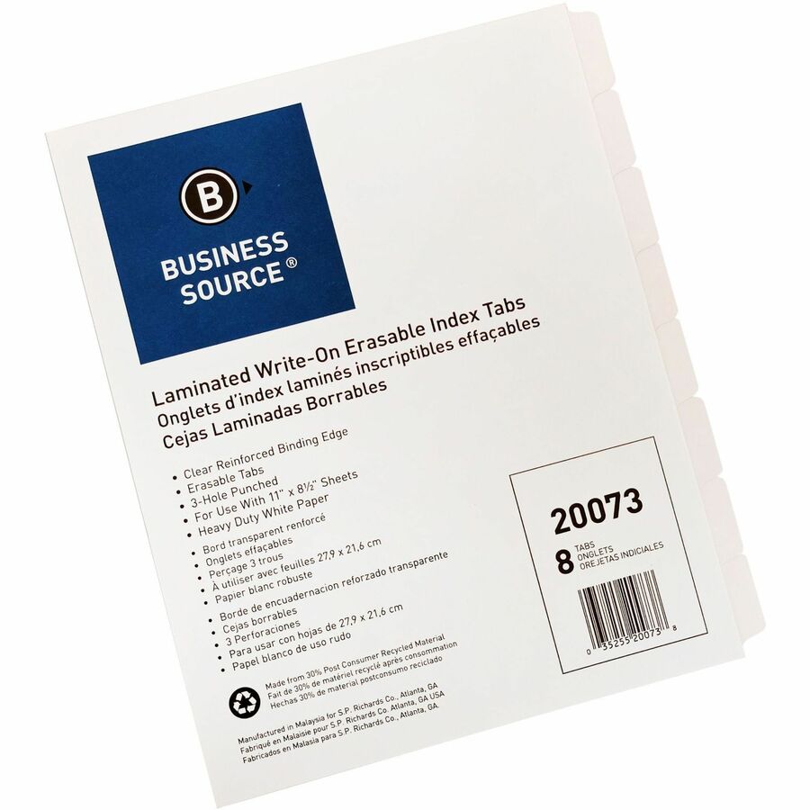 Business Source 3-Ring 8-Tab Indexes - 8 Write-on Tab(s)1.25" Tab Width - 8.5" Divider Width x 11" Divider Length - Letter - 3 Hole Punched - White Divider - White Mylar Tab(s) - 8 / Set