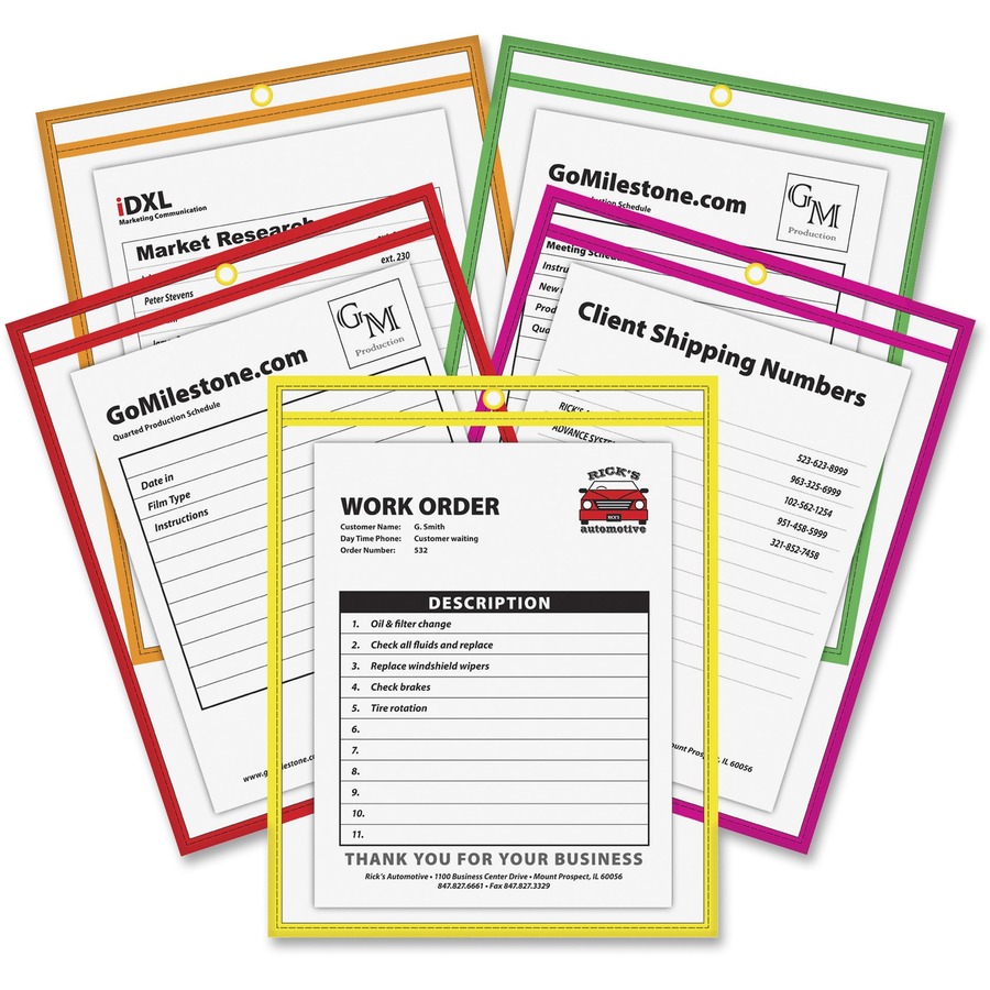 C-Line Neon Shop Ticket Holders, Stitched - Assorted, 5 Colors, Both Sides Clear, 9 x 12, 10/PK, 43920