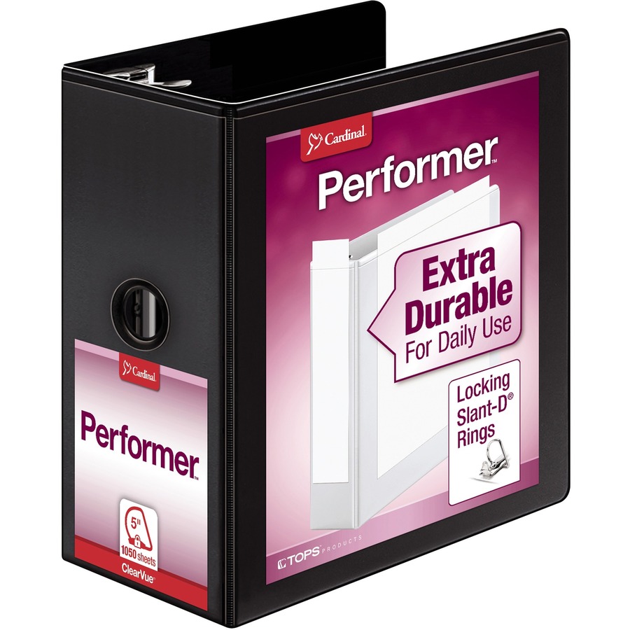Cardinal Performer ClearVue 5" Slant-D Binder - 5" Binder Capacity - Letter - 8 1/2" x 11" Sheet Size - 1050 Sheet Capacity - 4 3/8" Spine Width - 3 x D-Ring Fastener(s) - 2 Inside Front & Back Pocket(s) - Vinyl - Black - 2.54 lb - Hinged, Sheet Lifter, Locking Ring, Clear Overlay, Finger Hole - 1 Each