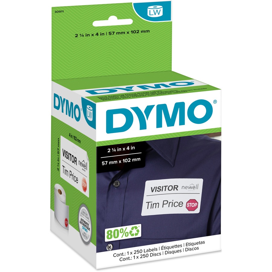 Dymo LabelWriter Time-expire Name Badge Labels - 2 1/4" x 4" Length - Rectangle - White - 250 / Roll - 250 / Roll