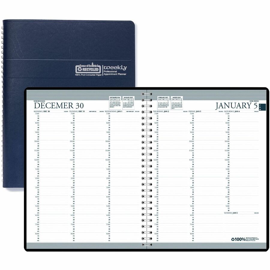 House of Doolittle Blue Professional Weekly Planner - Julian Dates - Weekly - 1 Year - January 2024 - December 2024 - 7:00 AM to 8:45 PM - Quarter-hourly - 1 Week Double Page Layout - 8 1/2" x 11" Sheet Size - Simulated Leather, Paper - Blue - Appointment Schedule, Notepad, Reference Calendar - 1 Each