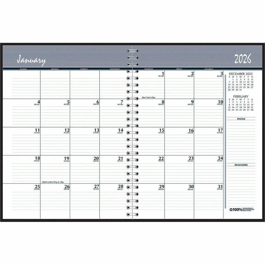 House of Doolittle Expense Log/Memo Page Monthly Planner - Julian Dates - Monthly - 14 Month - December 2023 - January 2025 - 1 Month Double Page Layout - 6 7/8" x 8 3/4" Sheet Size - 1.50" x 1.50" Block - Wire Bound - Simulated Leather, Paper - Black - Memo Section, Expense Log, Notepad, Reference Calendar - 1 Each