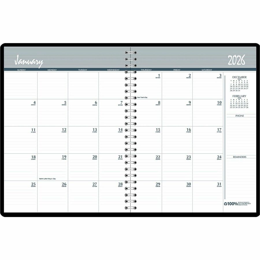 House of Doolittle Wirebound Monthly Planner - Julian Dates - Monthly - December 2023 - January 2025 - 1 Month Double Page Layout - 8 1/2" x 11" Sheet Size - 2.12" x 1.87" Block - Simulated Leather - Black - 1 Each