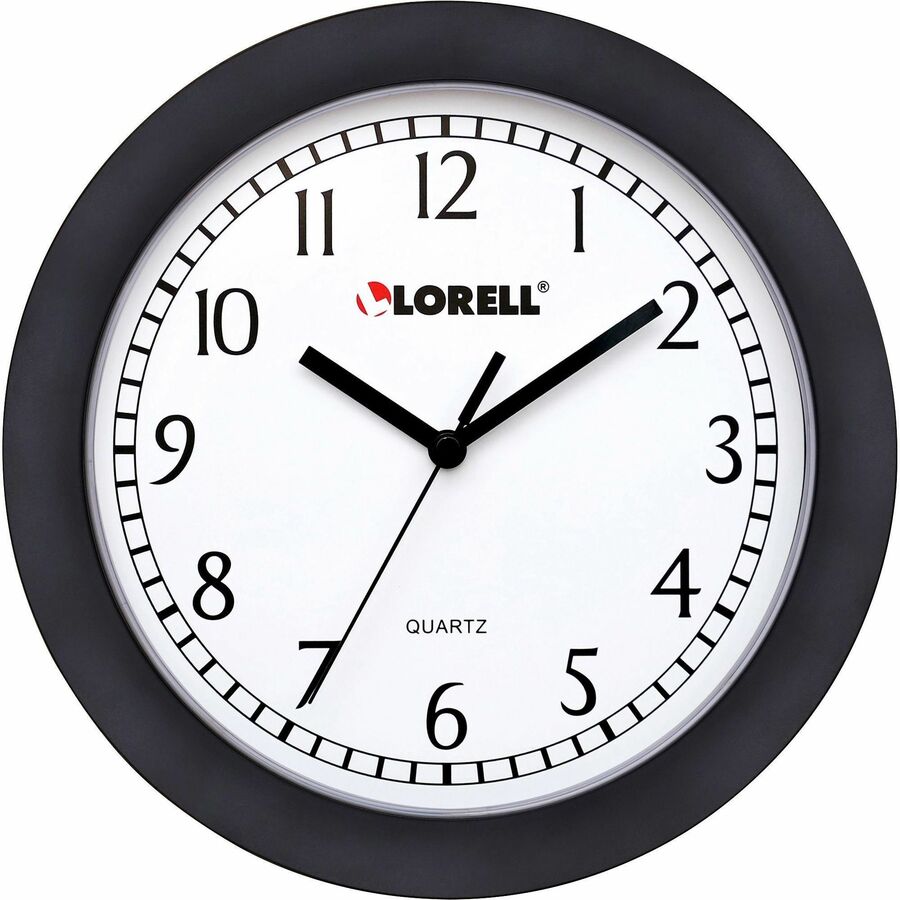 Lorell 9" Round Profile Wall Clock - Analog - Quartz - White Main Dial - Black/Plastic Case