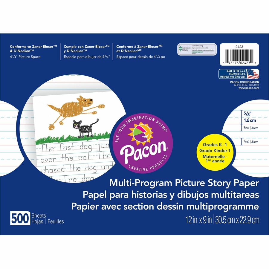 Pacon Multi-program Ruled Picture Story Paper - 500 Sheets - 0.63" Ruled - 4.25" Picture Story Space - 16 lb Basis Weight - 12" x 9" - White Paper - 500 / Ream