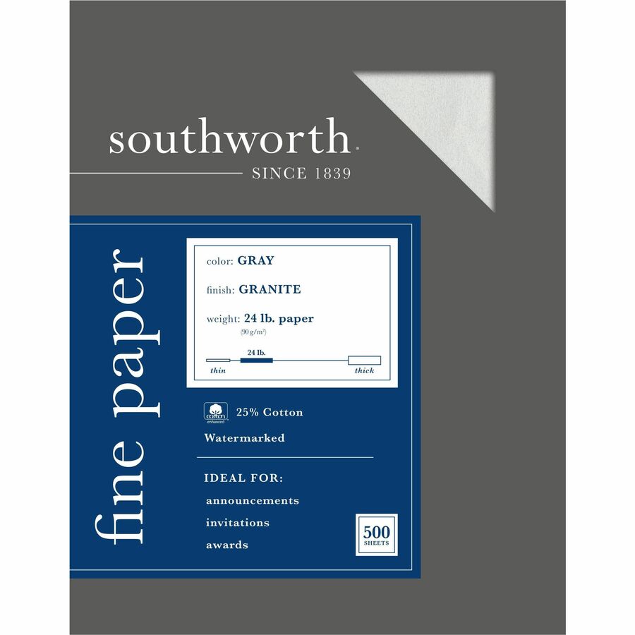 Southworth Granite Specialty Paper - Gray - Letter - 8 1/2" x 11" - 24 lb Basis Weight - Granite - 500 / Box - Acid-free, Lignin-free