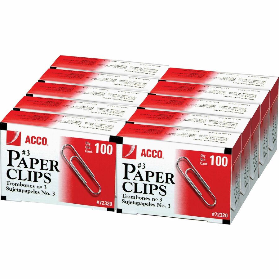 ACCO Paper Clips - No. 3 - 0.9" Length - 10 Sheet Capacity - Galvanized, Corrosion Resistant - 1000 / Pack - Silver - Metal, Zinc Plated