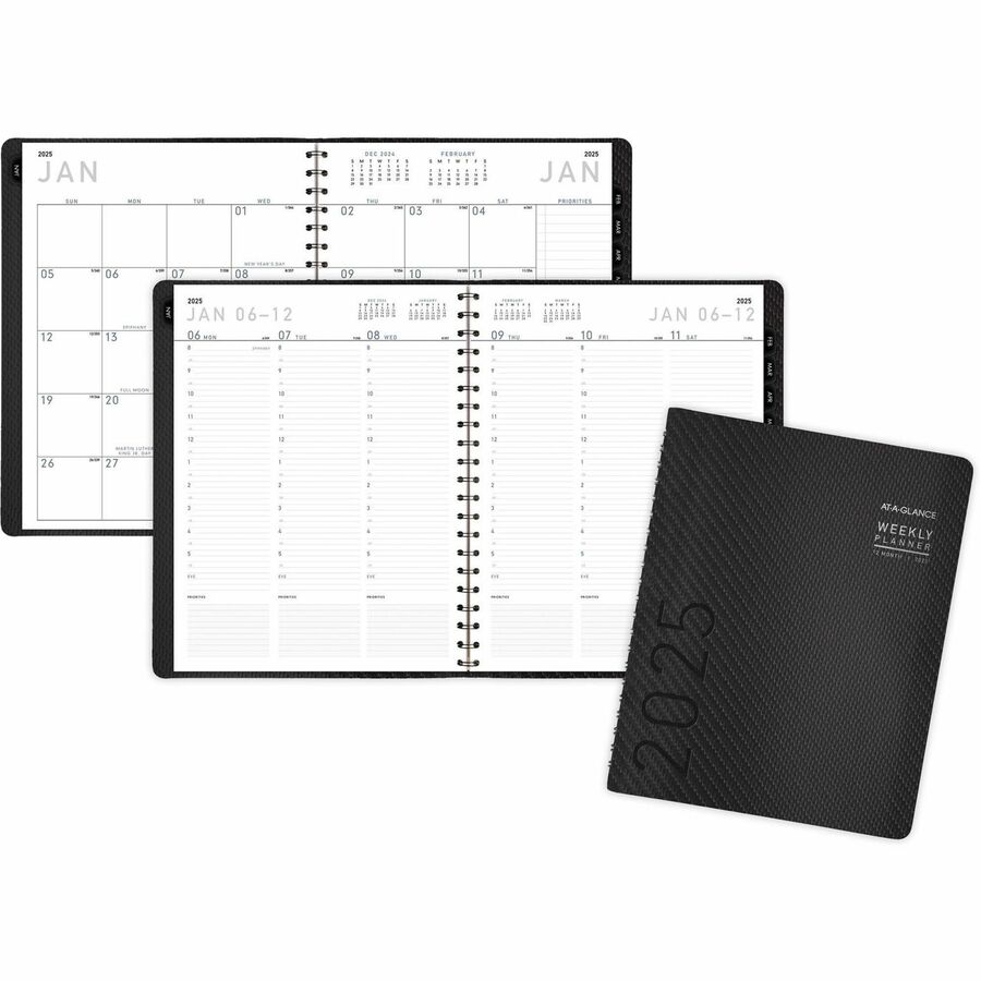 At-A-Glance Contemporary Planner - Julian Dates - Weekly, Monthly - 1 Year - January 2024 - December 2024 - 8:00 AM to 5:30 PM - Half-hourly - 1 Week, 1 Month Double Page Layout - 8 1/4" x 10 7/8" Sheet Size - Wire Bound - Charcoal Gray - Simulated Leather - 11.4" Height x 8.9" Width - Textured Cover, Notepad, Appointment Schedule, Tabbed, Reference Calendar - 1 Each