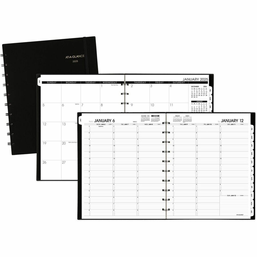 At-A-Glance Move-A-Page Weekly/Monthly Appointment Book - Julian Dates - Weekly, Monthly - 12 Month - January 2024 - January 2025 - 7:00 AM to 8:00 PM - Quarter-hourly, 7:00 AM to 5:45 PM - Quarter-hourly - 1 Week, 1 Month Double Page Layout - 8 3/4" x 10 7/8" Sheet Size - Wire Bound - Black - Poly - Black - 11.3" Height x 9.8" Width - Address & Phone Page, Reinforced, Notes Area, Reference Calendar, Tabbed, Durable, Storage Pocket - 1 Each