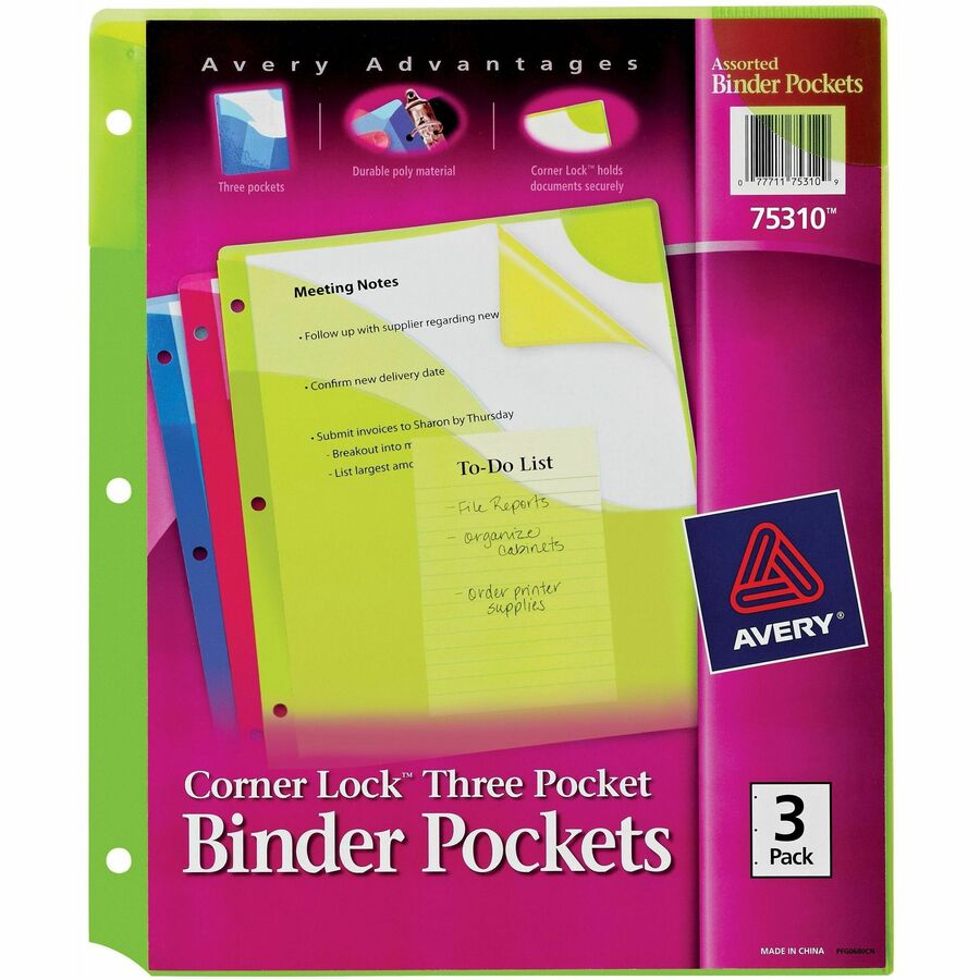 Avery® Corner Lock Binder Pockets - 20 x Page Capacity - For Letter 8 1/2" x 11" Sheet - 3 x Holes - Ring Binder - Rectangular - Blue, Green, Pink - Polypropylene - 3 / Pack