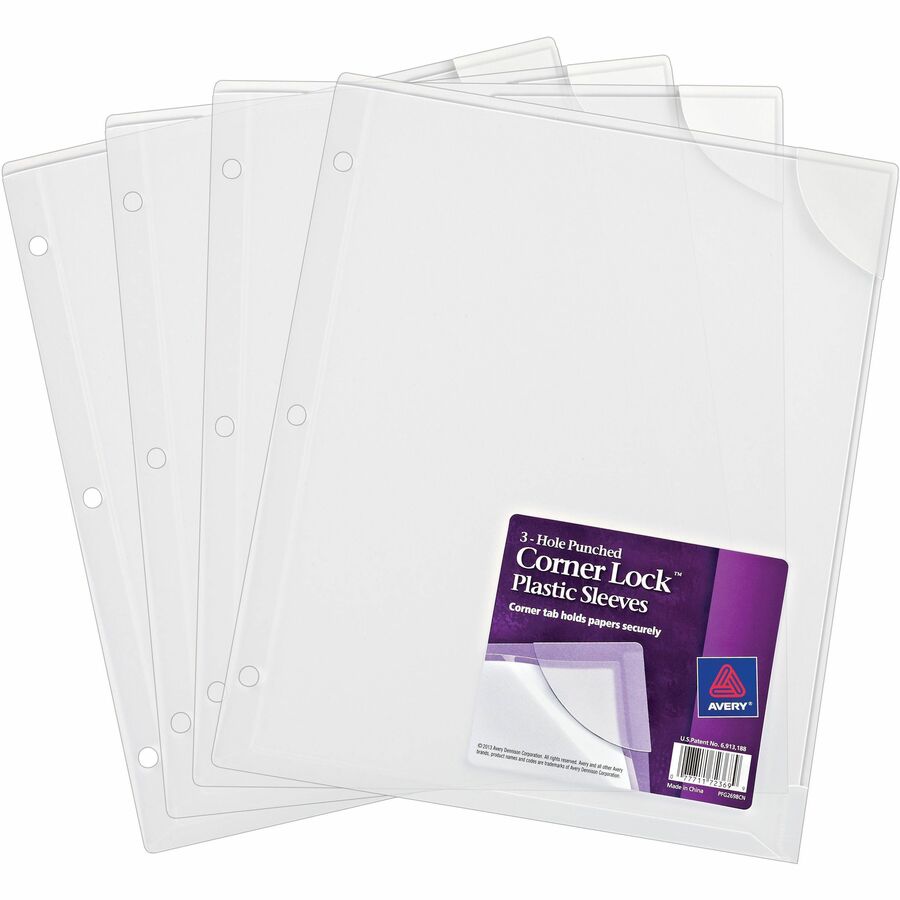 Avery® Corner Lock Plastic Sleeves - 20 x Sheet Capacity - For Letter 8 1/2" x 11" Sheet - 3 x Holes - Ring Binder - Clear - Polypropylene, Plastic - 4 / Pack
