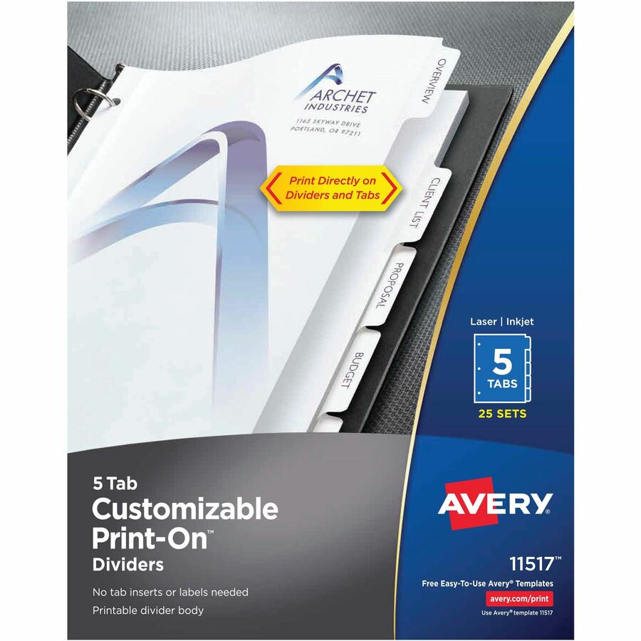 Avery® Customizable Print-On Dividers - 125 x Divider(s) - Print-on Tab(s) - 5 - 5 Tab(s)/Set - 8.5" Divider Width x 11" Divider Length - 3 Hole Punched - White Paper Divider - White Paper Tab(s) - 25 Box