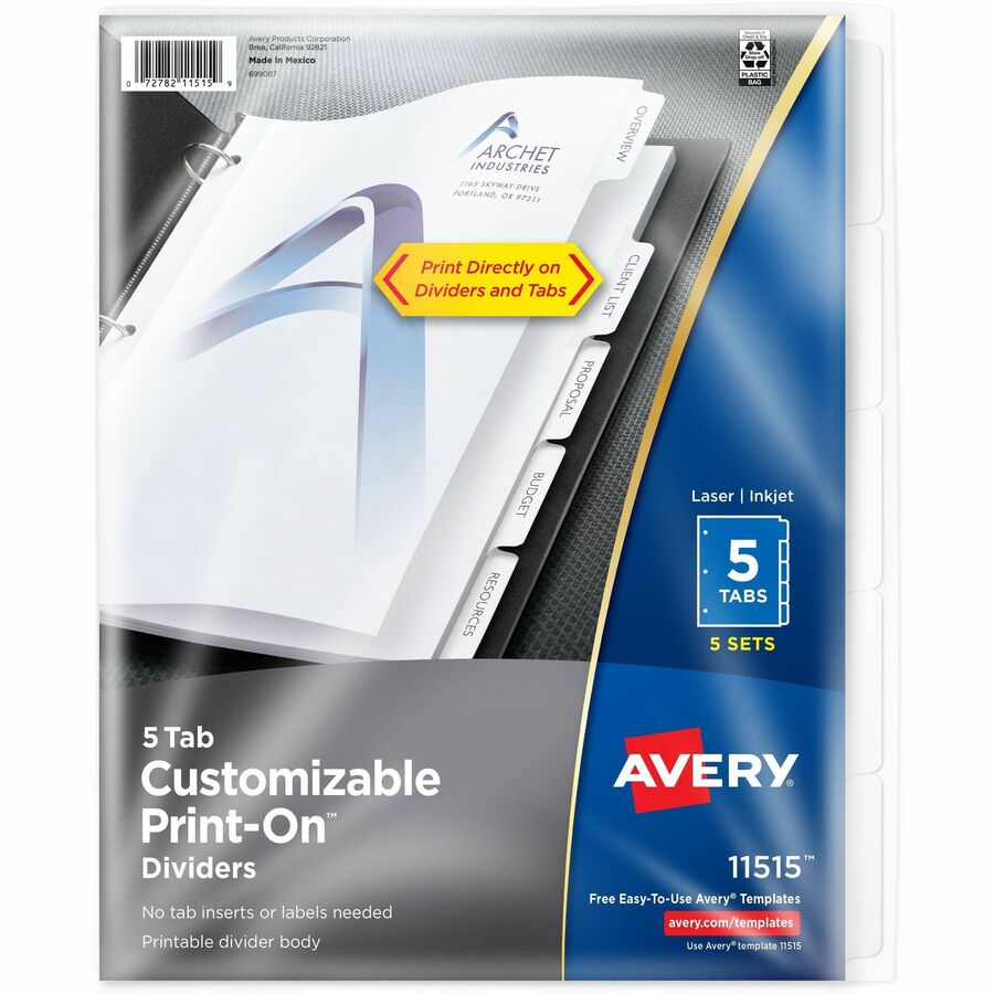 Avery® Customizable Print-On Dividers - 25 x Divider(s) - Print-on Tab(s) - 5 - 5 Tab(s)/Set - 8.5" Divider Width x 11" Divider Length - 3 Hole Punched - White Paper Divider - White Paper Tab(s) - 1 / Pack