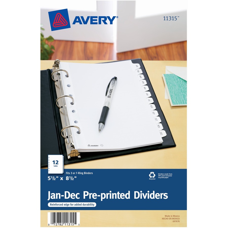 Avery® Monthly Preprinted Tab Dividers - 12 x Divider(s) - Jan-Dec - 12 Tab(s)/Set - 5.5" Divider Width x 8.50" Divider Length - 7 Hole Punched - White Paper Divider - White Paper Tab(s) - 12 / Set