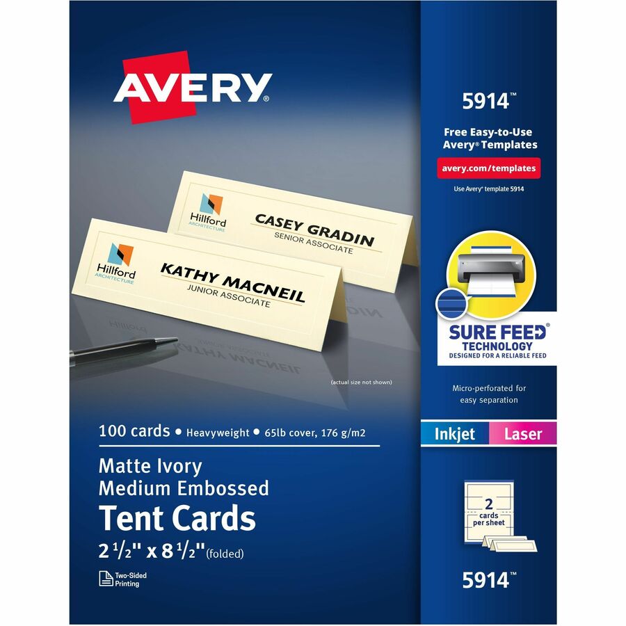 Avery® Sure Feed Embossed Tent Cards - 79 Brightness2 1/2" x 8 1/2" - Embossed - 1 / Pack - FSC Mix - Rounded Corner, Heavyweight