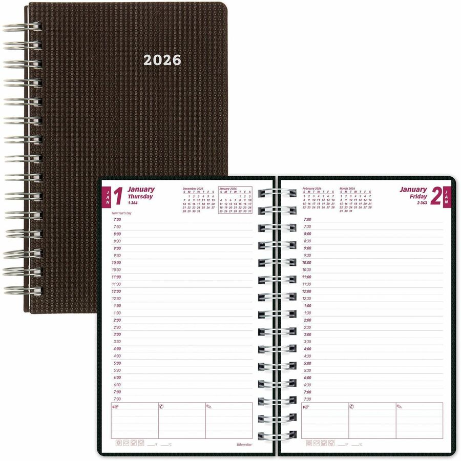 Brownline DuraFlex Daily Appointment Book / Monthly Planner - Julian Dates - Daily - 12 Month - January 2024 - December 2024 - 7:00 AM to 7:30 PM - Half-hourly - 1 Day Single Page Layout - 8" x 5" Sheet Size - Twin Wire - Black - Poly - Heavy Duty, Appointment Schedule, Notes Area, Phone Directory, Reminder Section, Address Directory, Textured Cover, Reference Calendar, Flexible Cover - 1 Each