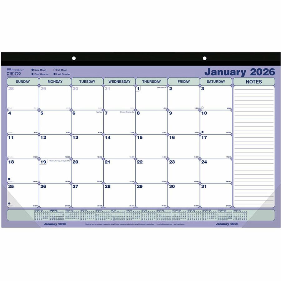 Brownline Monthly Compact Desk Pad/Wall Calendar - Monthly - 1 Year - January 2024 - December 2024 - 1 Month Single Page Layout - 17 3/4" x 10 7/8" Sheet Size - Chipboard - Desk Pad - Blue, Green - Chipboard - 1 Each