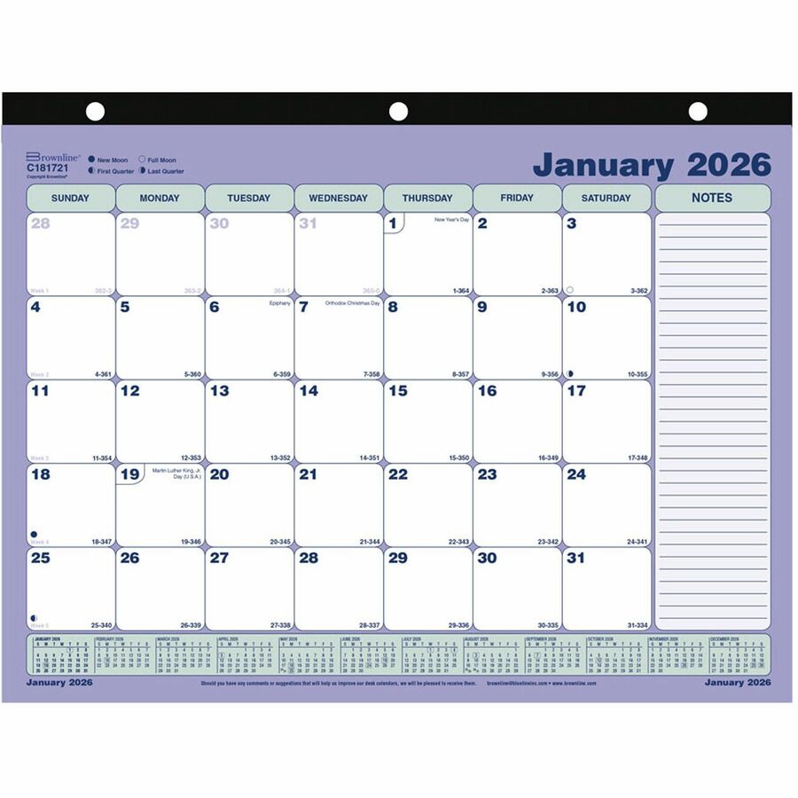 Brownline Monthly Desk/Wall Calendar 2023 - Julian Dates - Monthly - 12 Month - January 2024 - December 2024 - 1 Month Single Page Layout - 11" x 8 1/2" Sheet Size - Desk Pad - White - Chipboard - Reinforced, Notepad, Reference Calendar, Tear-off, Perforated, Hole-punched - 1 Each
