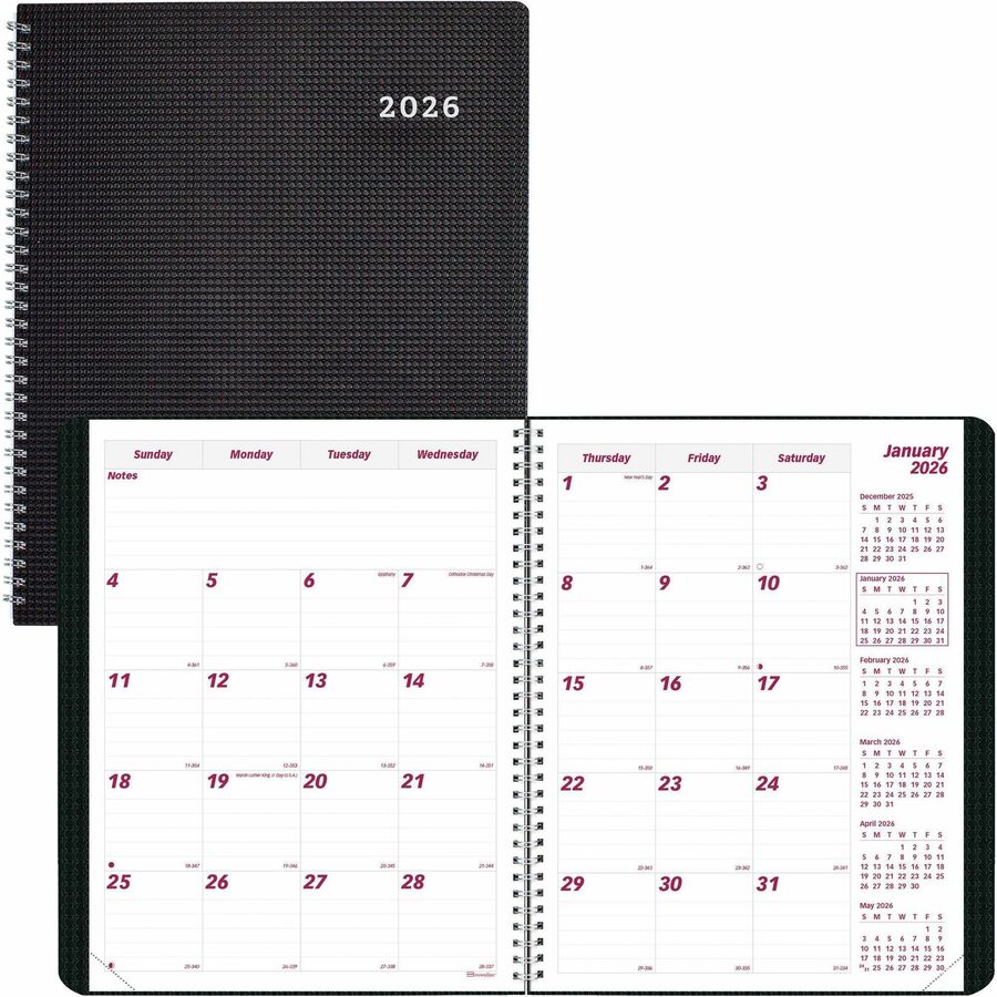 Brownline Monthly Planner - Julian Dates - Monthly - 14 Month - December 2023 - January 2025 - 1 Month Single Page Layout - 11" x 8 1/2" Sheet Size - Twin Wire - Black - Poly - Heavy Duty, Notepad, Reference Calendar, Address Directory, Phone Directory, Durable - 1 Each