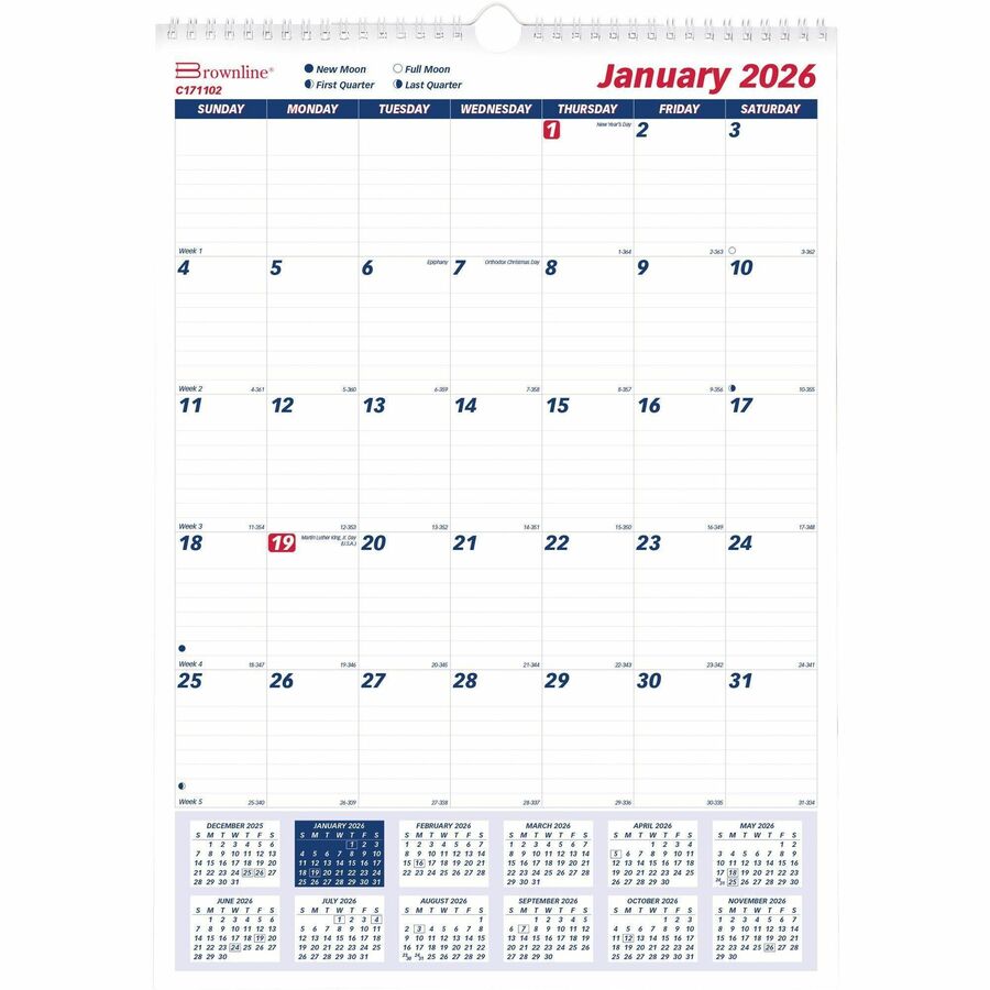 Brownline Ruled Block Monthly Wall Calendar - Julian Dates - Monthly - 1 Year - January 2024 - December 2024 - 1 Month Single Page Layout - 12" x 17" Sheet Size - Twin Wire - White - 1 Each