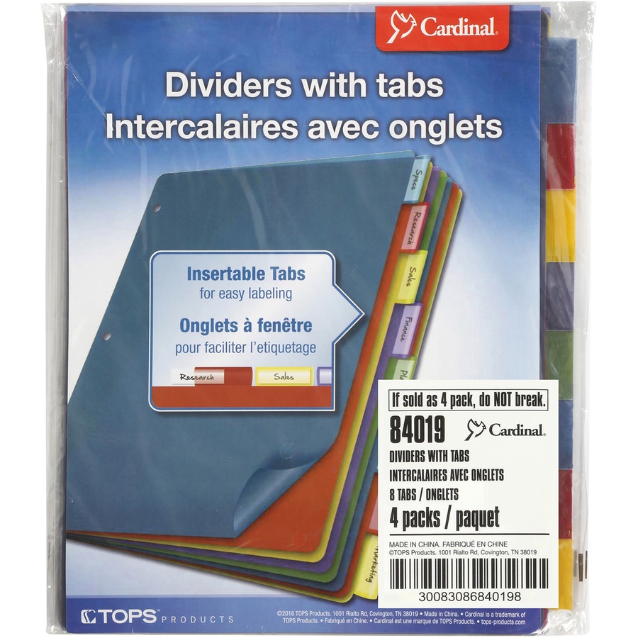 Cardinal Extra-tough Poly Dividers - 8 Tab(s)/Set - Letter - 8.50" Width x 11" Length - 3 Hole Punched - Polypropylene Divider - Multicolor Tab(s) - 4 / Pack