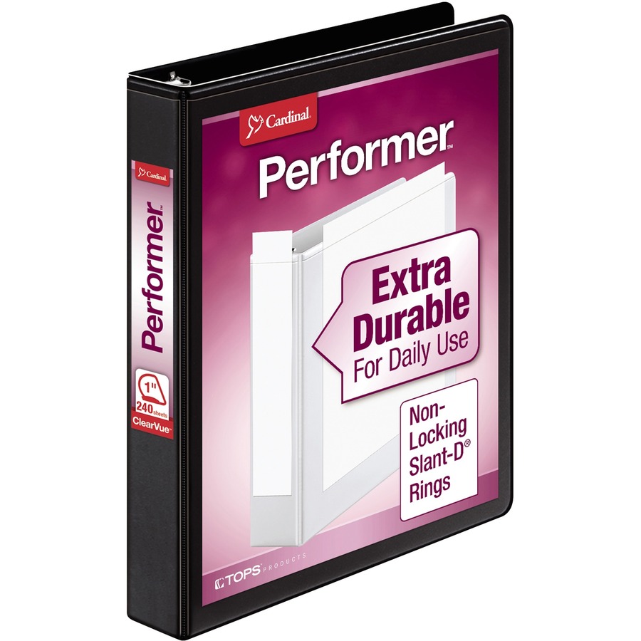 Cardinal Performer ClearVue Slant-D Ring Binder - 1" Binder Capacity - Letter - 8 1/2" x 11" Sheet Size - 240 Sheet Capacity - 1" Spine Width - 3 x D-Ring Fastener(s) - 2 Inside Front & Back Pocket(s) - Vinyl - Black - 15.36 oz - Non Locking Mechanism, Clear Overlay, Spine Label - 1 Each