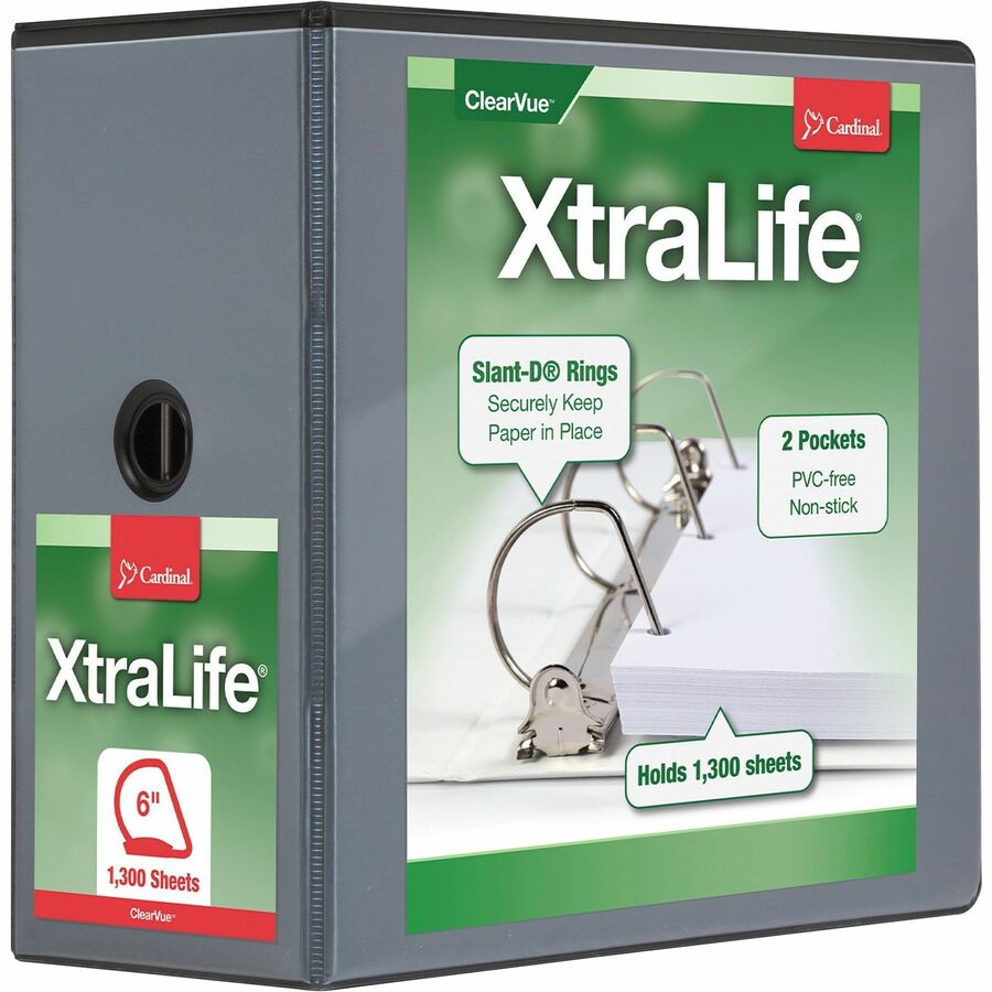 Cardinal Xtralife ClearVue Locking Slant-D Binders - 6" Binder Capacity - Letter - 8 1/2" x 11" Sheet Size - 1300 Sheet Capacity - 5 1/2" Spine Width - 3 x D-Ring Fastener(s) - 2 Inside Front & Back Pocket(s) - Polyolefin - Black - 2.25 lb - Recycled - Non-stick, Tear Resistant, Temperature Resistant, Cold Resistant, Spill Proof, Crack Resistant, Eco-friendly, Locking Ring, Clear Overlay - 1 Each