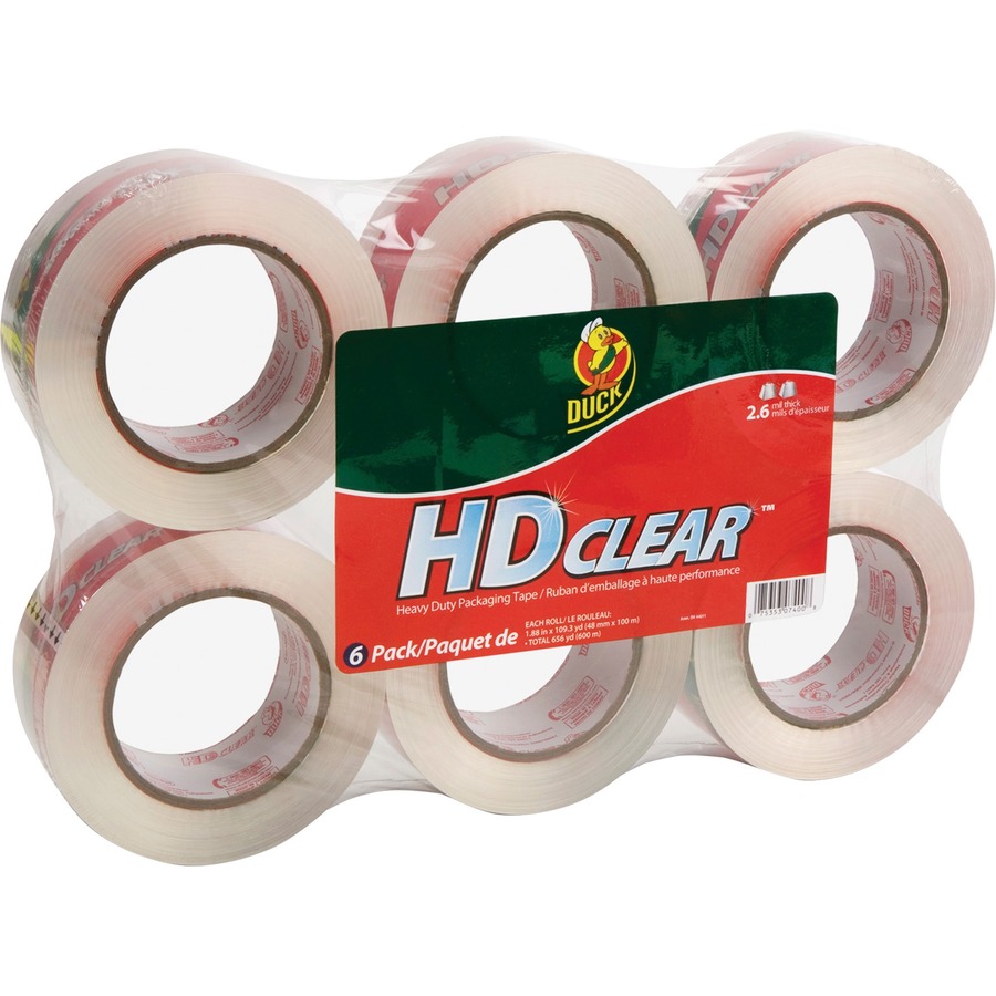 Duck Brand HD Clear Packing Tape - 109.30 yd Length x 1.88" Width - 2.6 mil Thickness - 6 / Pack - Clear