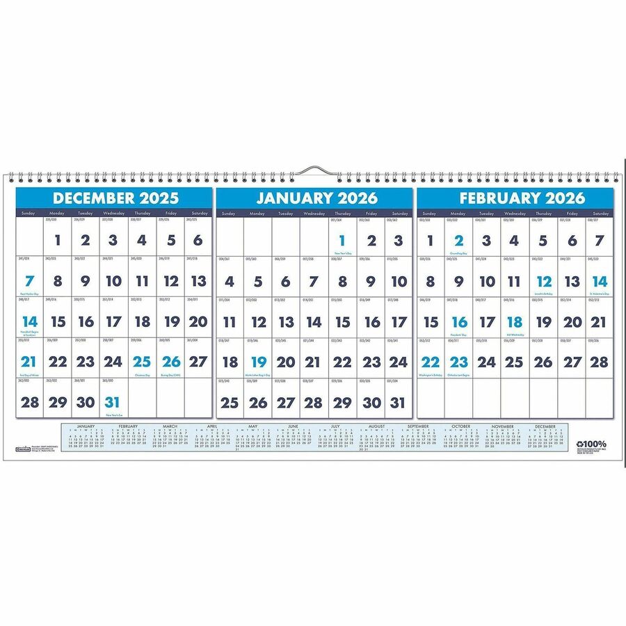 House of Doolittle 3-month Horizontal Wall Calendar - Julian Dates - Monthly - 14 Month - December 2023 - January 2025 - 12" x 23 1/2" Sheet Size - 1.63" x 1.38" Block - Wire Bound - Multi - 12" Height x 23.5" Width - Reference Calendar, Eyelet - 1 Each